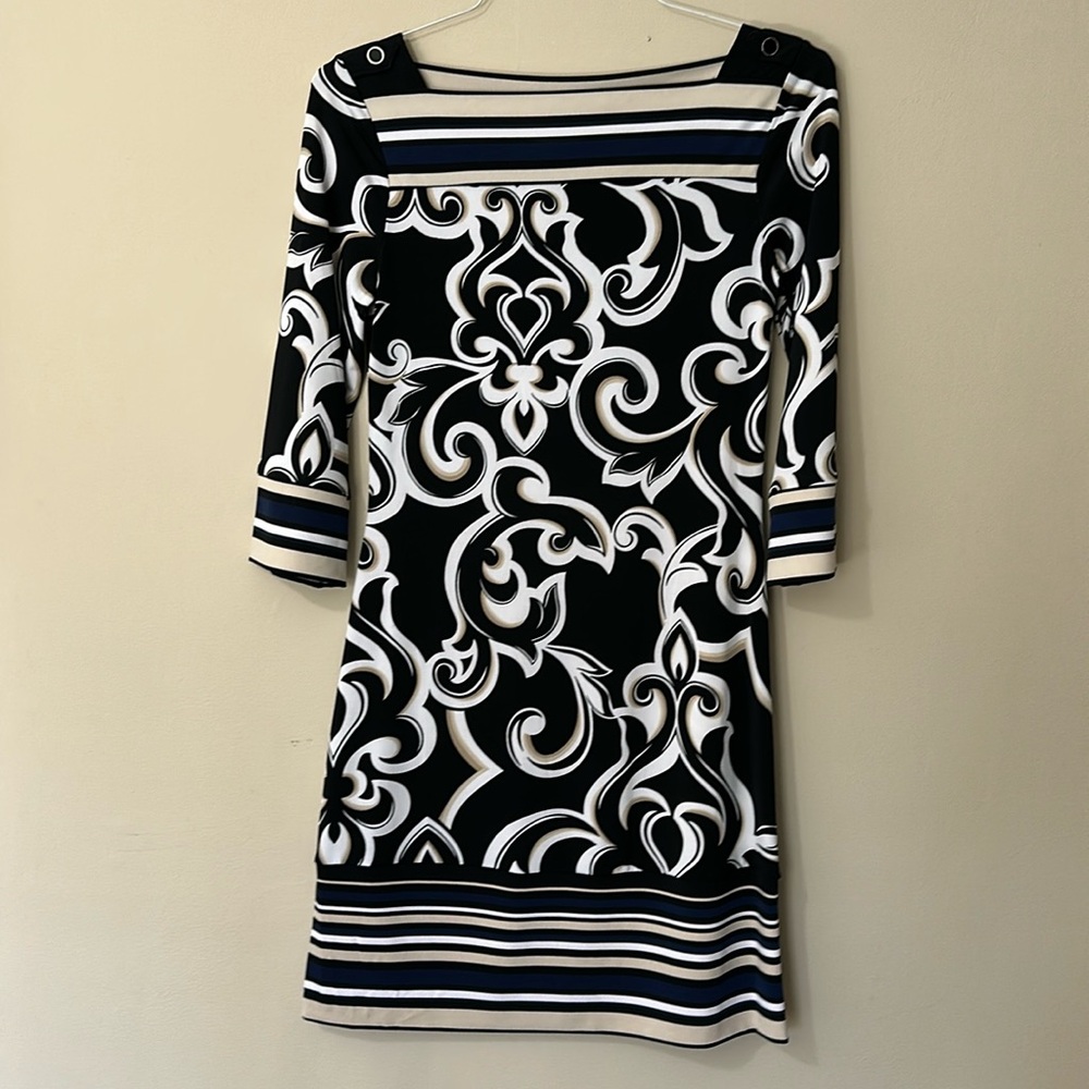 White House Black Market Womens Scroll Print Shift Dress Black Cream sz XS